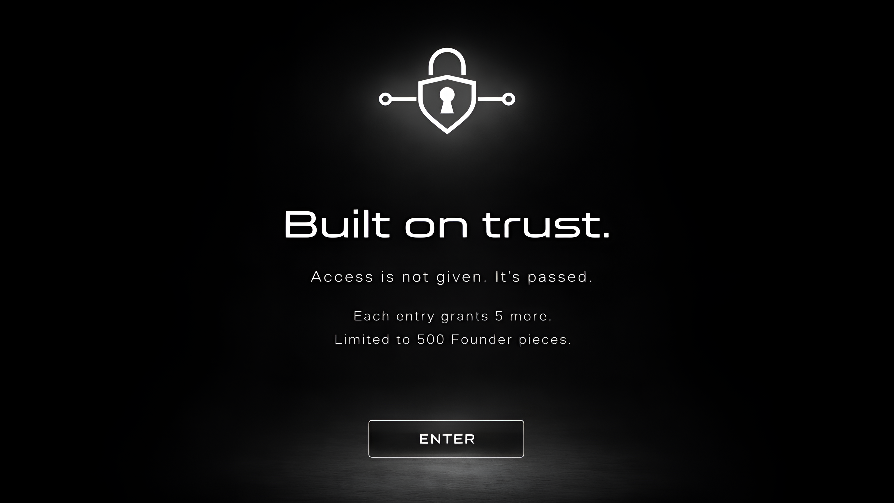 Black screen with white text and a logo, featuring the phrase 'Built on trust.'